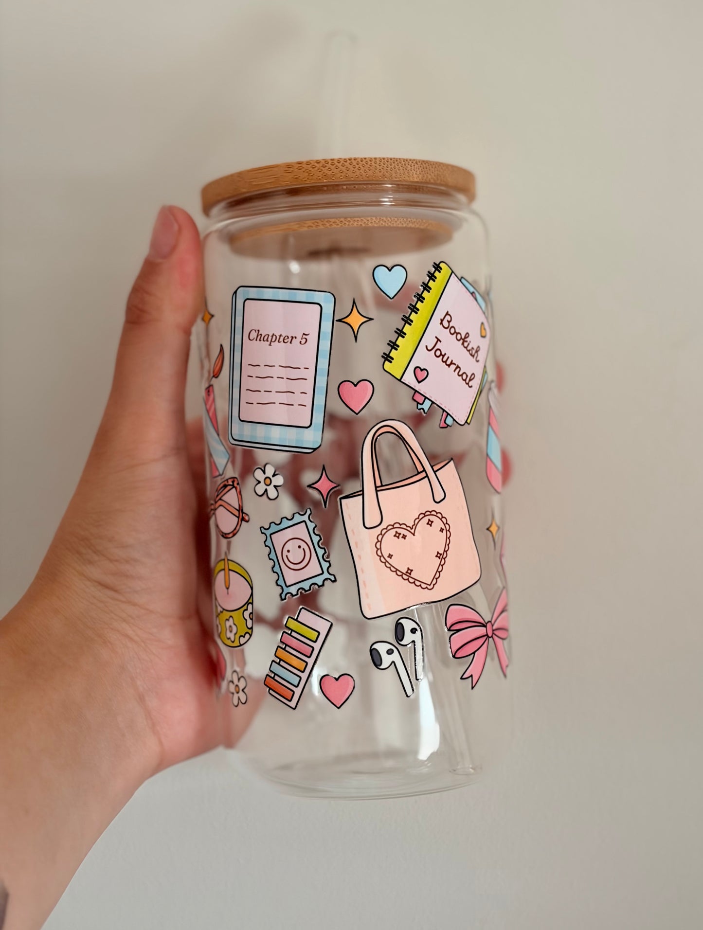 Bookish Journal glass with bamboo lid and straw