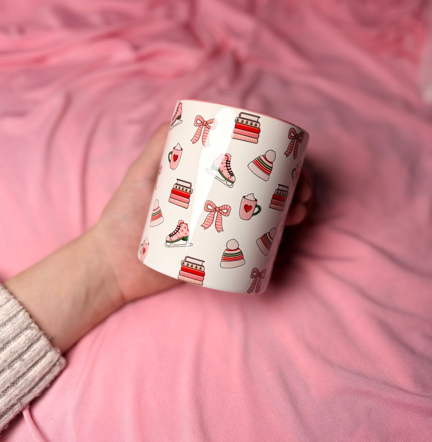 Winter romance books, pink and white mug