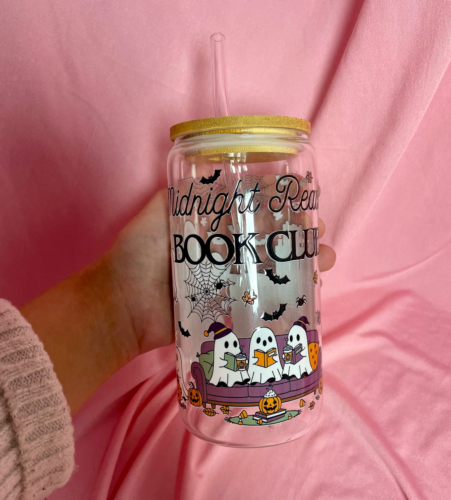Midnight Readers Ghosts Glass with bamboo lid and straw
