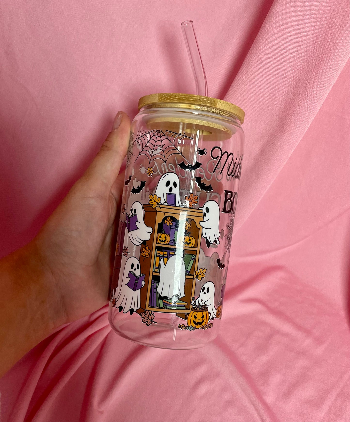 Midnight Readers Ghosts Glass with bamboo lid and straw