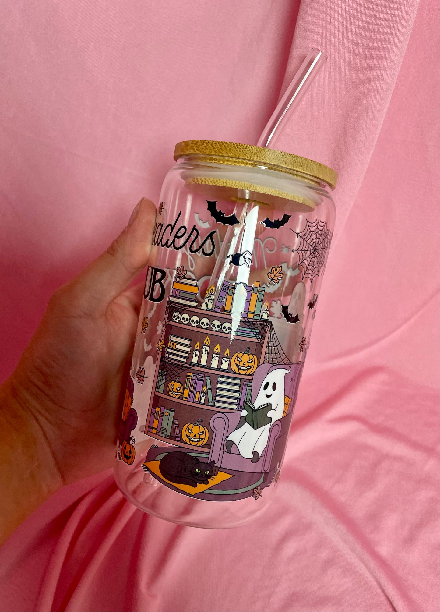 Midnight Readers Ghosts Glass with bamboo lid and straw