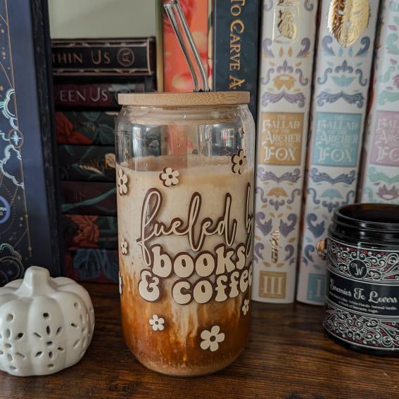 Fueled by books and coffee glass can jar with bamboo lid and straw