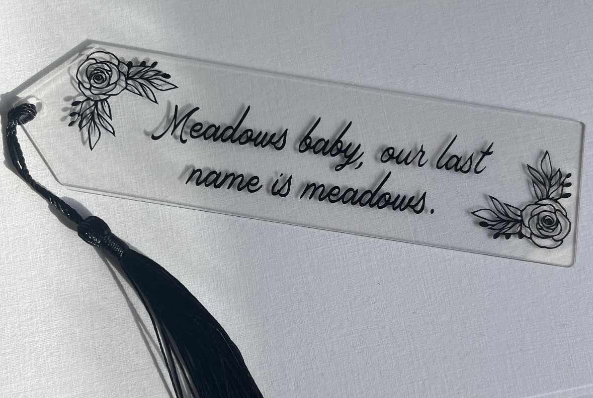 Meadows baby| black rose design, acrylic bookmark with black tassel