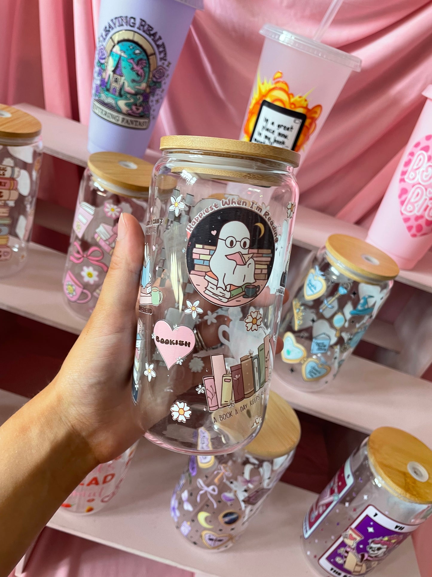 Ghostie readers glass with bamboo lid and straw