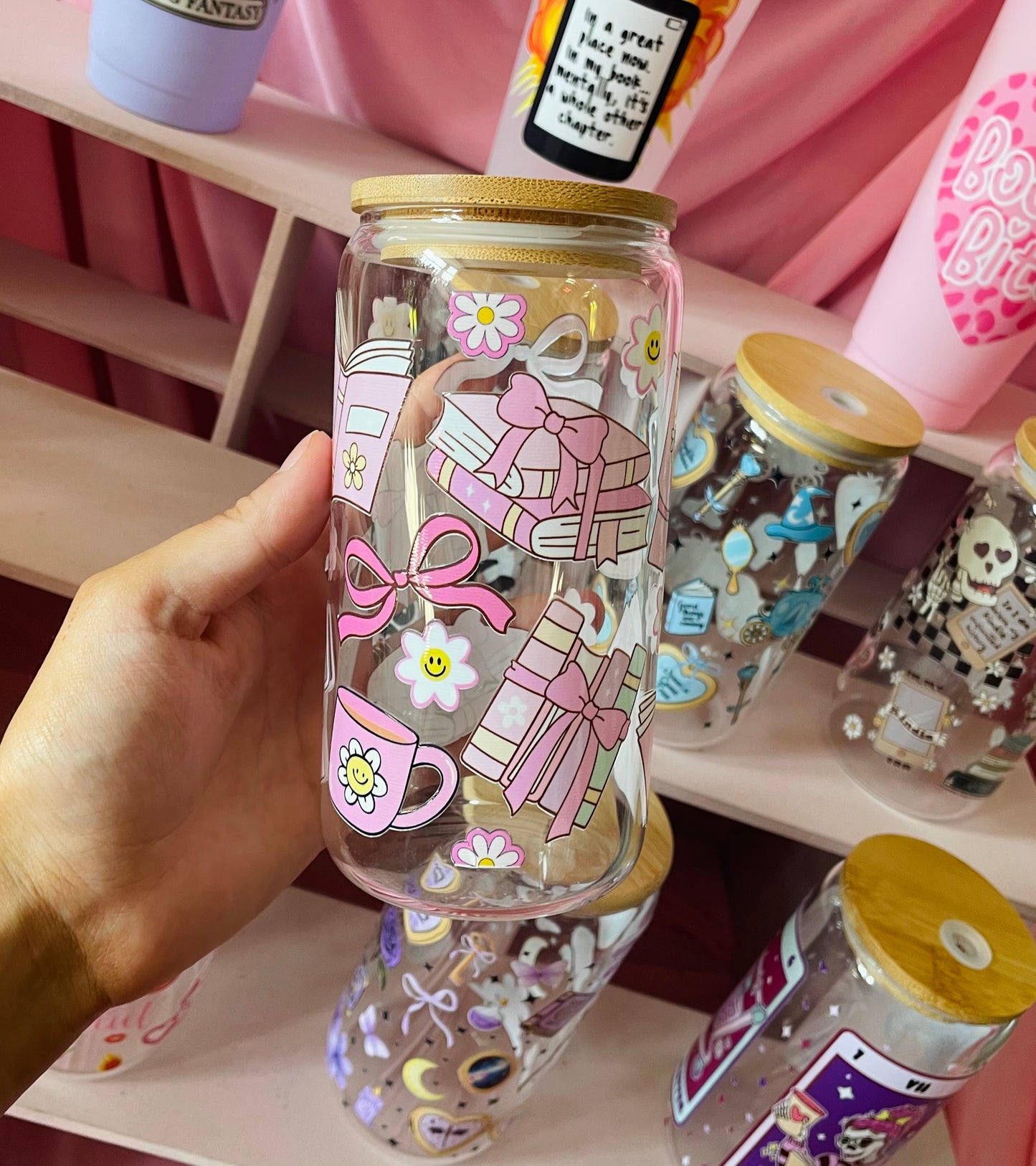Coquette books glass with bamboo lid and straw