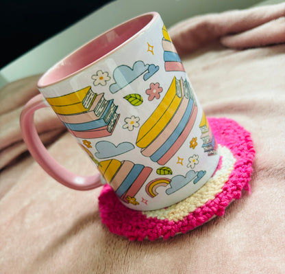 Bookstacks and flowers pink and white mug