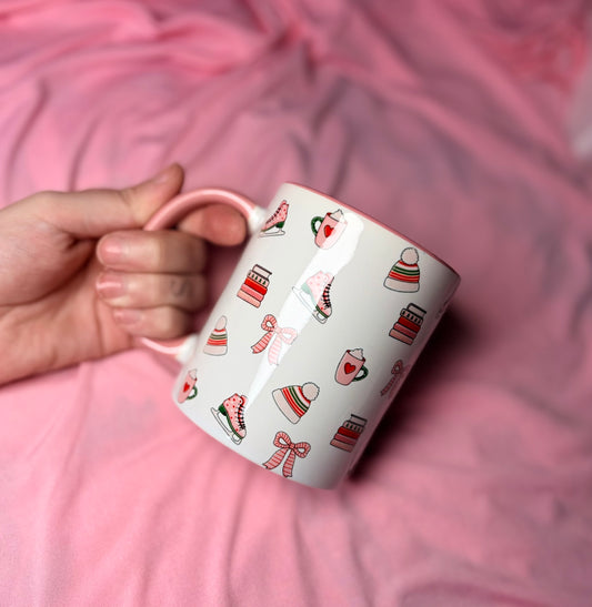 Winter romance books, pink and white mug