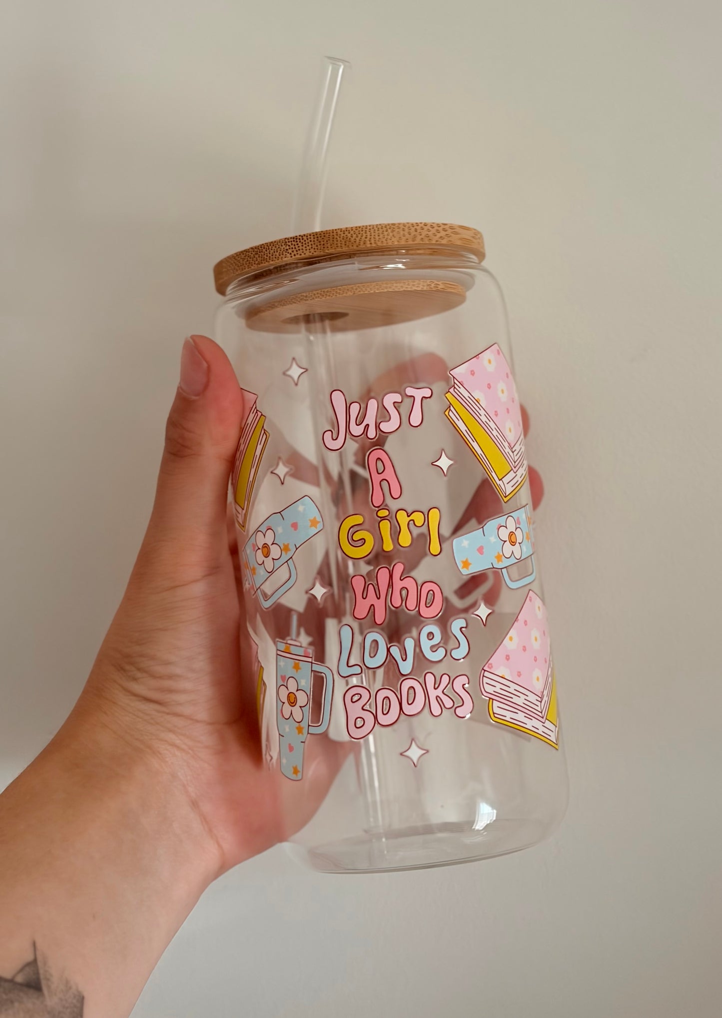 Just a girl who loves books glass with bamboo lid and straw