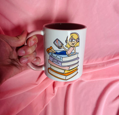 Lizzie bookish girlie, pink and white mug