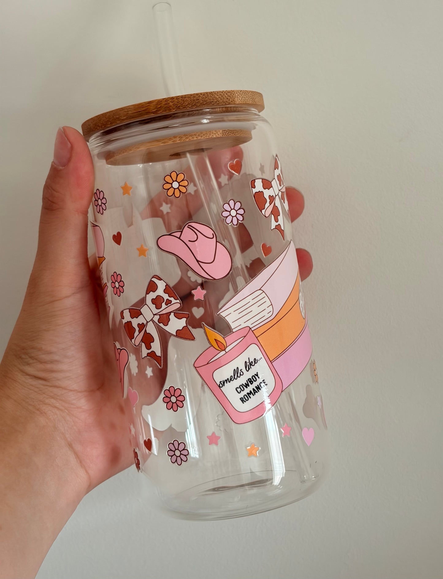 Cowboy Romance glass with bamboo lid and straw