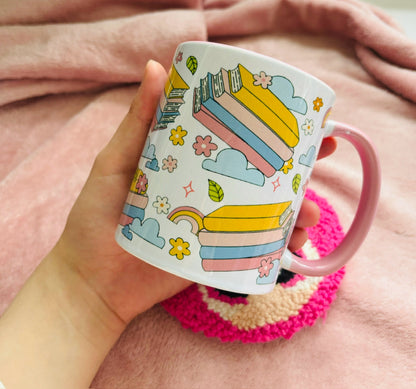 Bookstacks and flowers pink and white mug