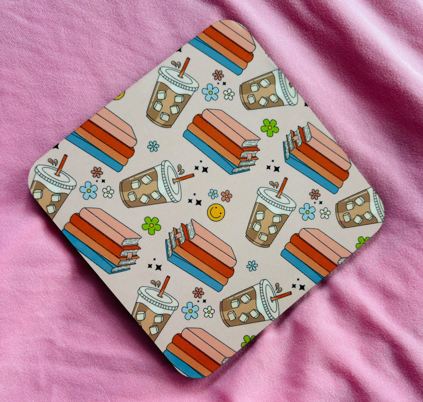 Iced Coffee and bookstack theme coaster