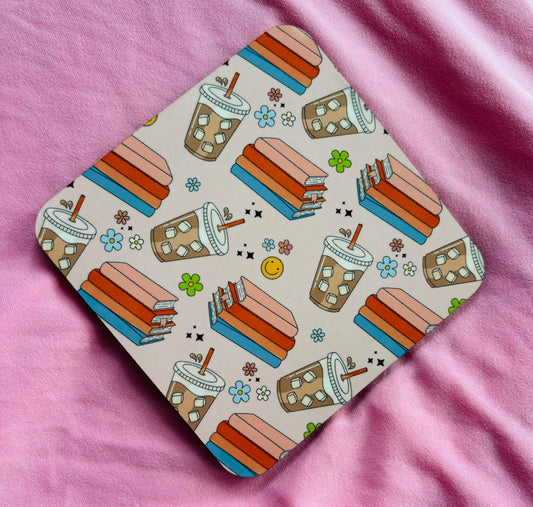 Iced Coffee and bookstack theme coaster
