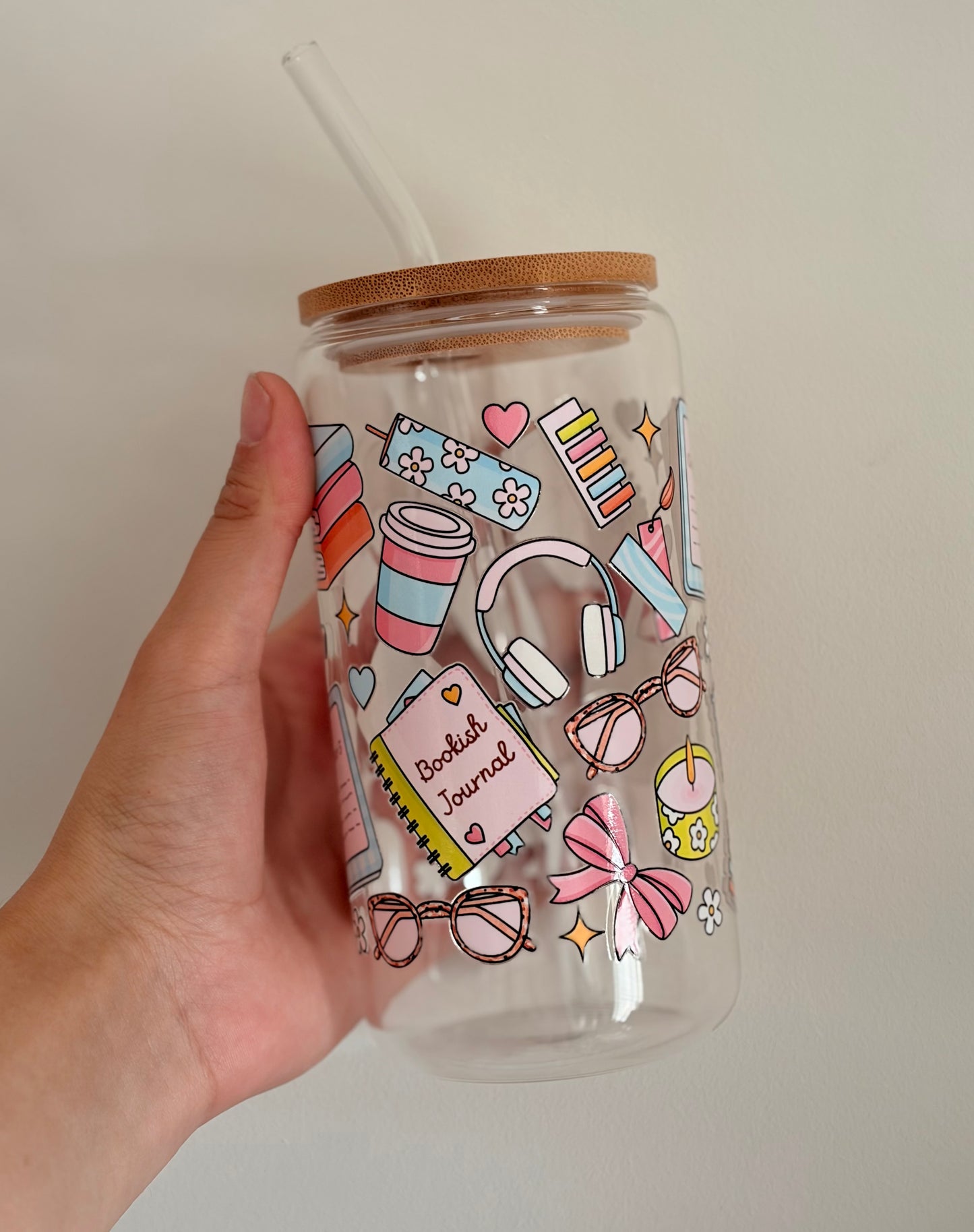 Bookish Journal glass with bamboo lid and straw