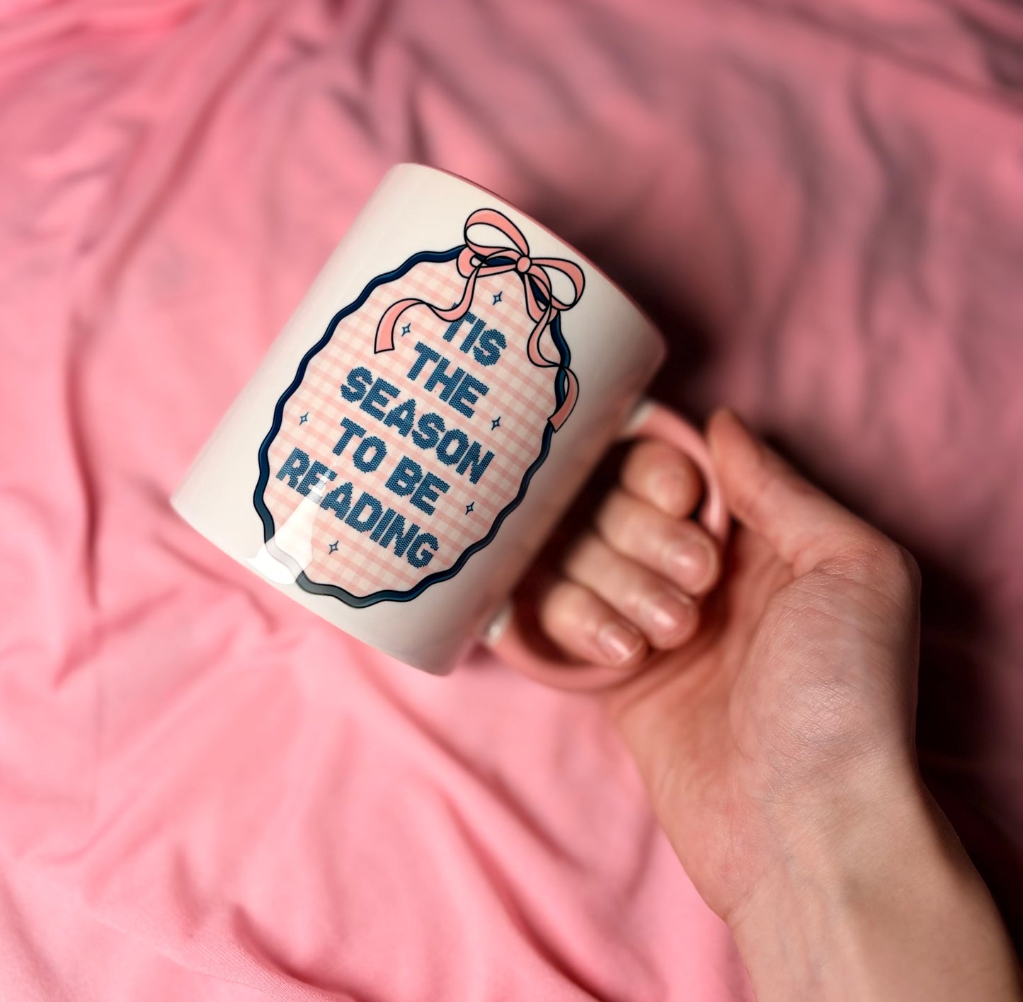 Tis the season, pink and white mug