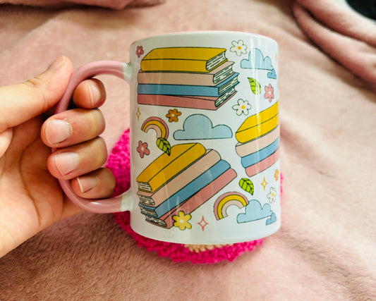 Bookstacks and flowers pink and white mug