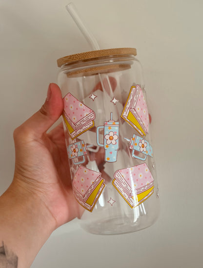 Just a girl who loves books glass with bamboo lid and straw