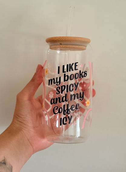 I like my books spicy glass with bamboo lid and straw