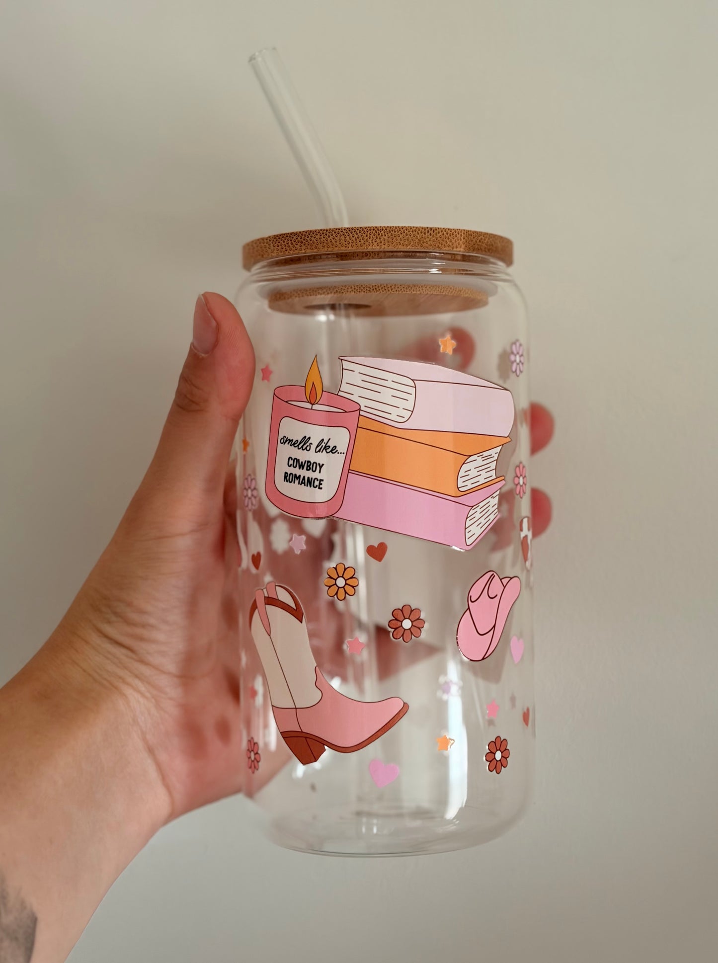 Cowboy Romance glass with bamboo lid and straw