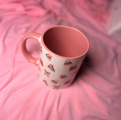 Winter romance books, pink and white mug