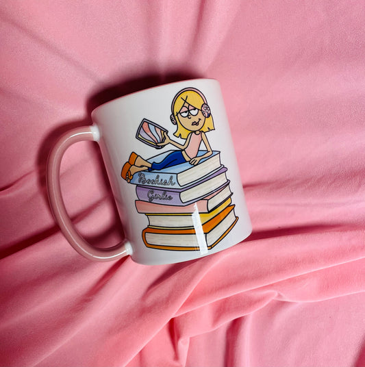 Lizzie bookish girlie, pink and white mug
