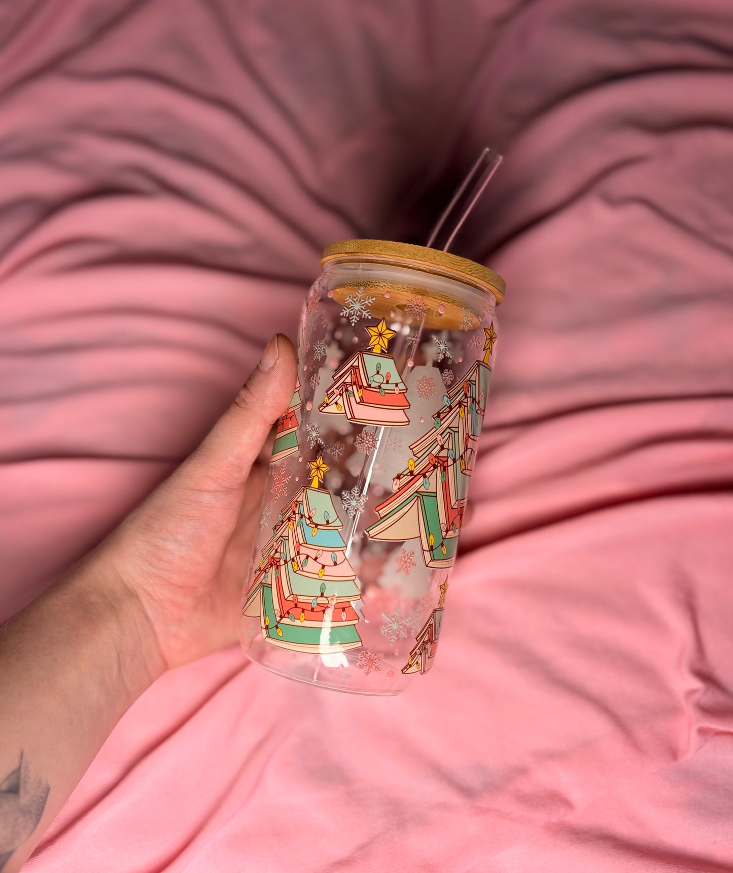 Book tree Glass with bamboo lid and straw