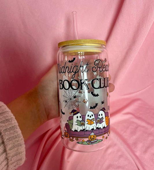Midnight Readers Ghosts Glass with bamboo lid and straw
