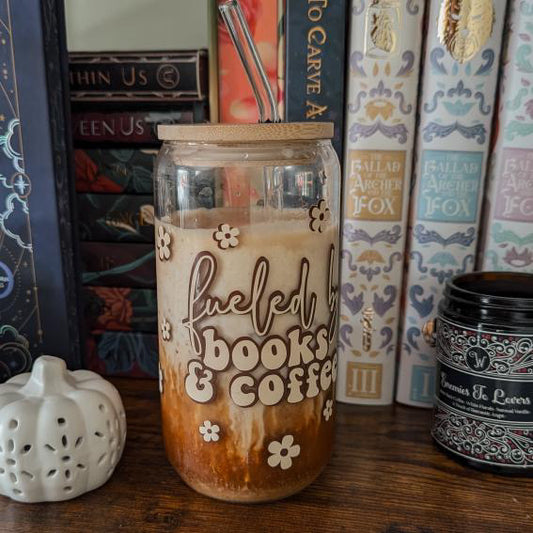 Fueled by books and coffee glass can jar with bamboo lid and straw