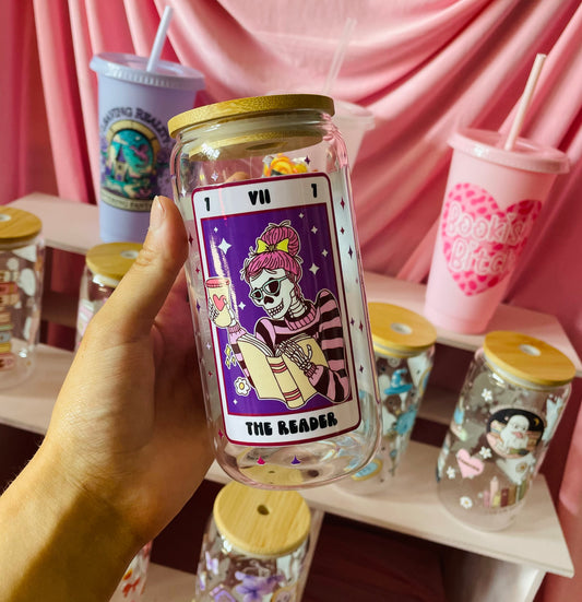 Tarot card glass with bamboo lid and straw