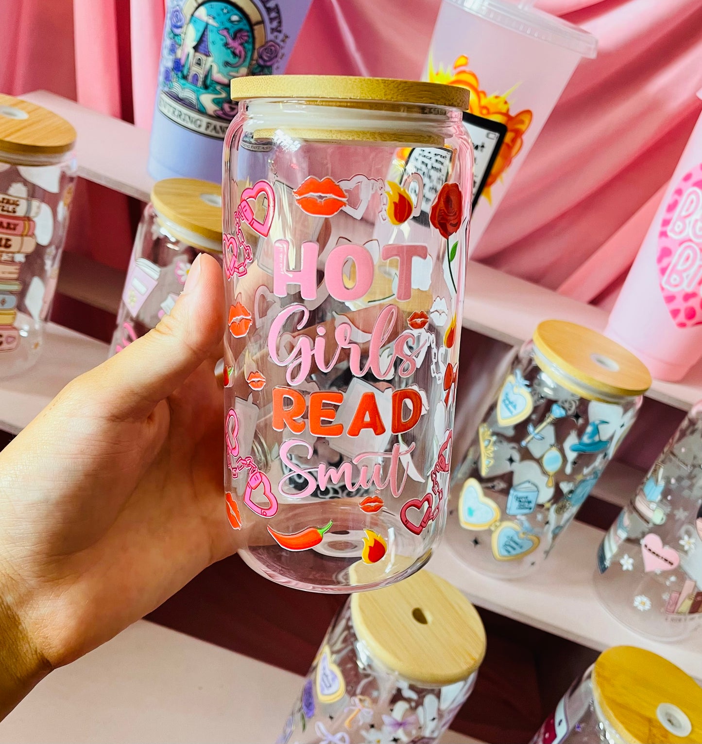 "Hot Girls Read Smut" glass with bamboo lid and straw