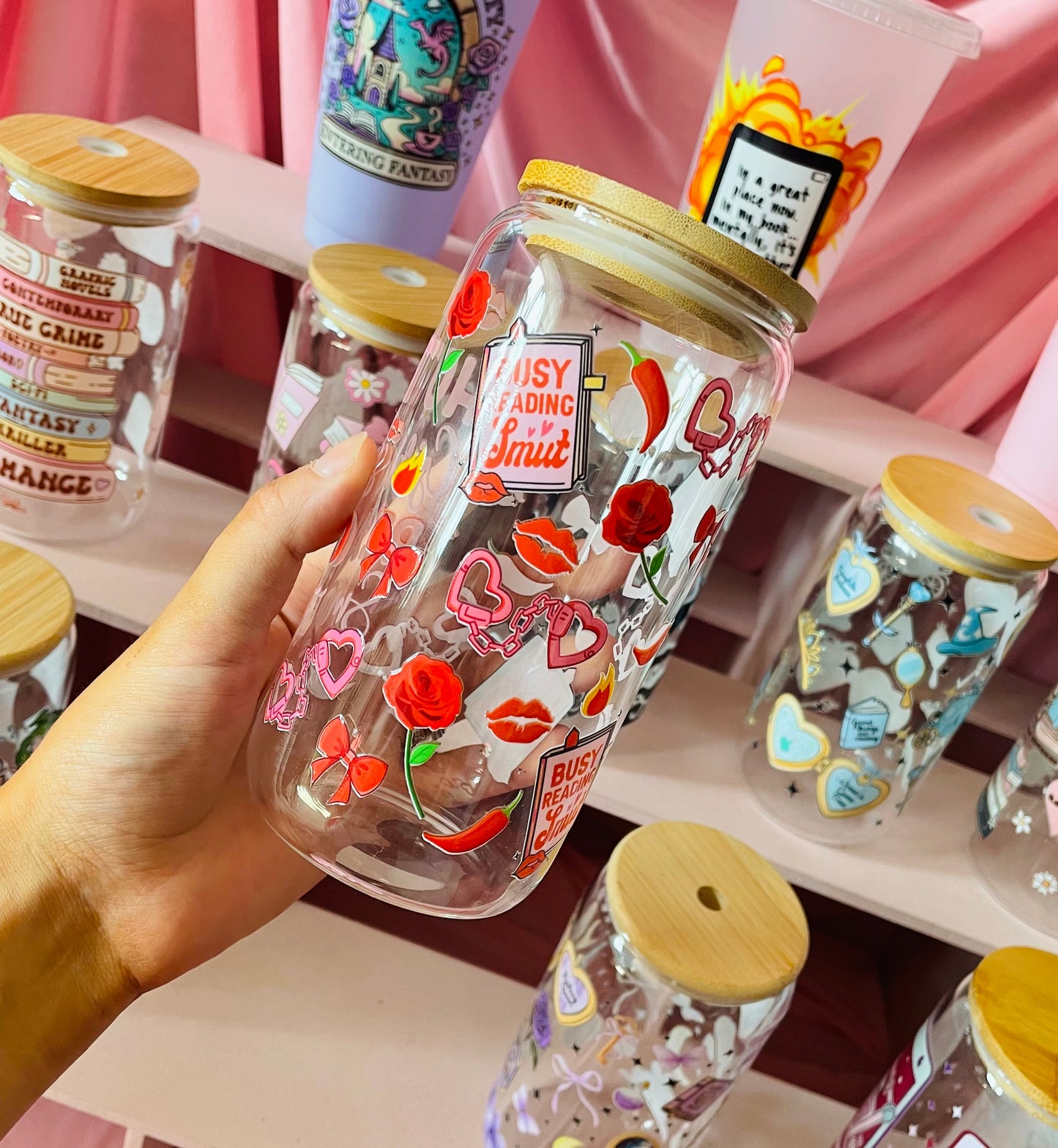 "Hot Girls Read Smut" glass with bamboo lid and straw