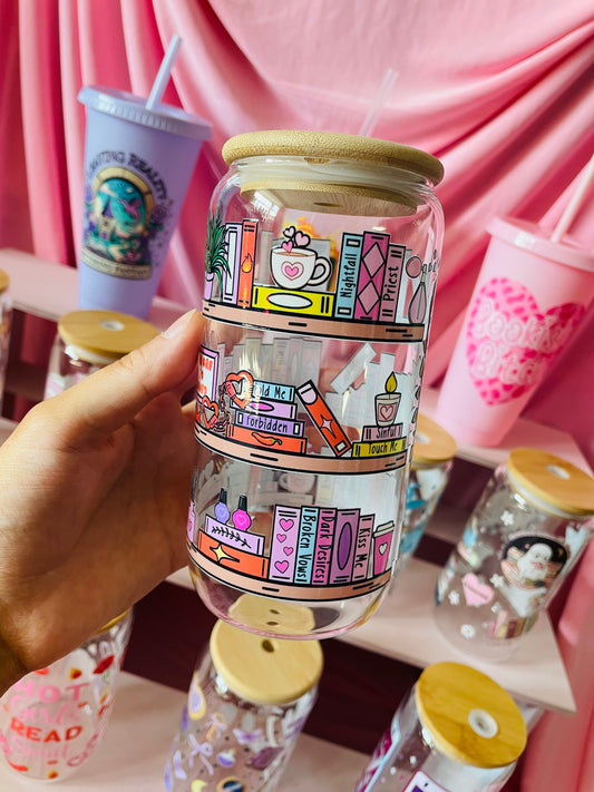 Smutty Book Shelf glass with bamboo lid and straw