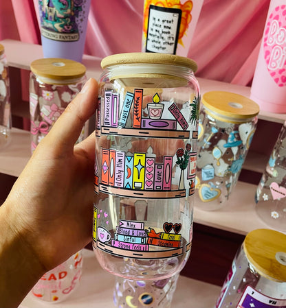 Smutty Book Shelf glass with bamboo lid and straw